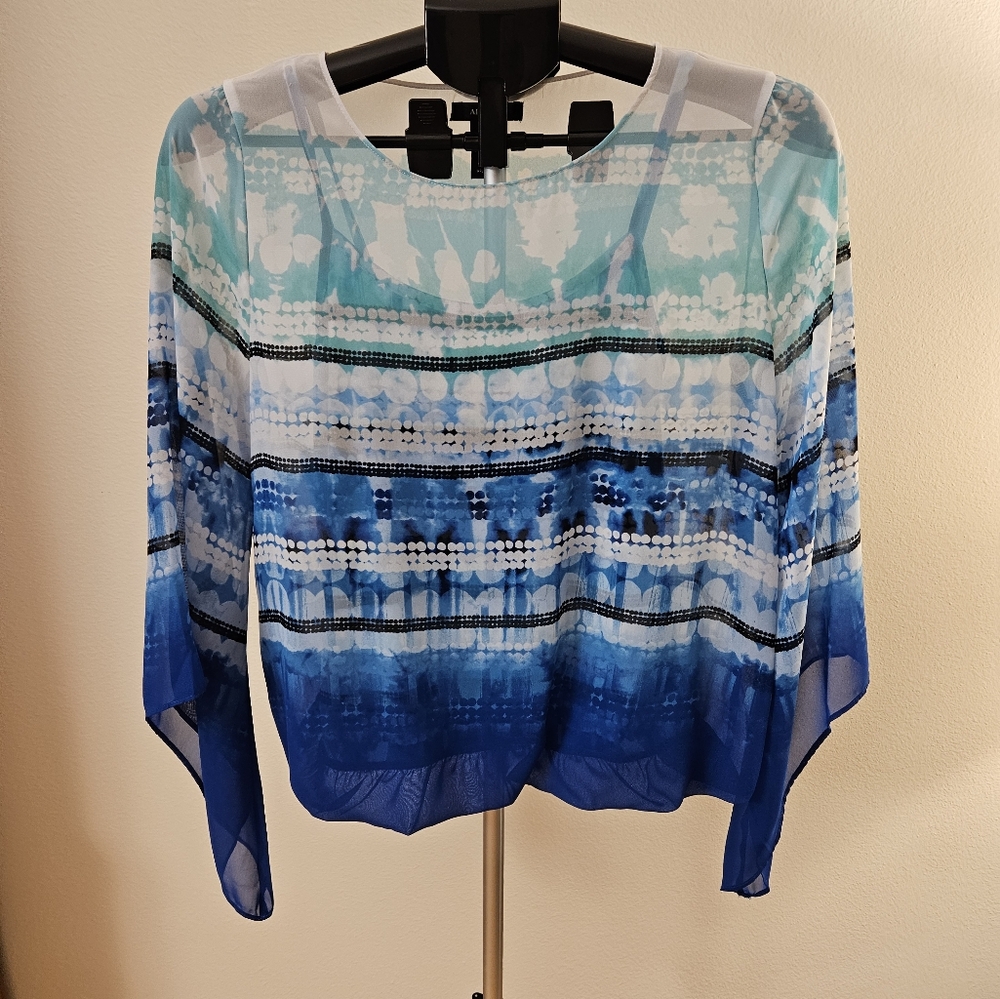 Alfani multicolor blue song blouse with flutter sleeves
